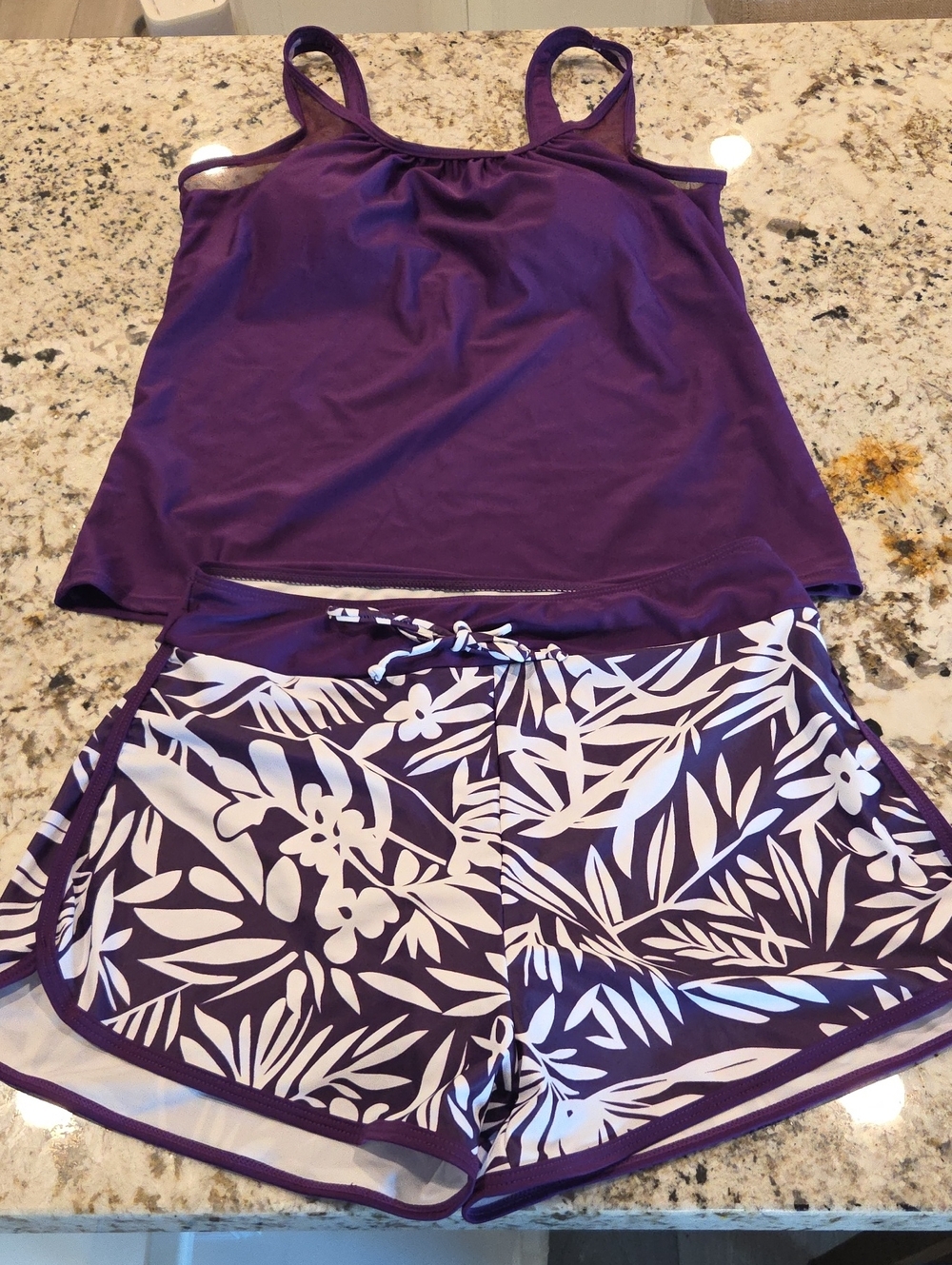 Purple Two-Piece Tankini Set with Floral Print Shorts/ Read Description